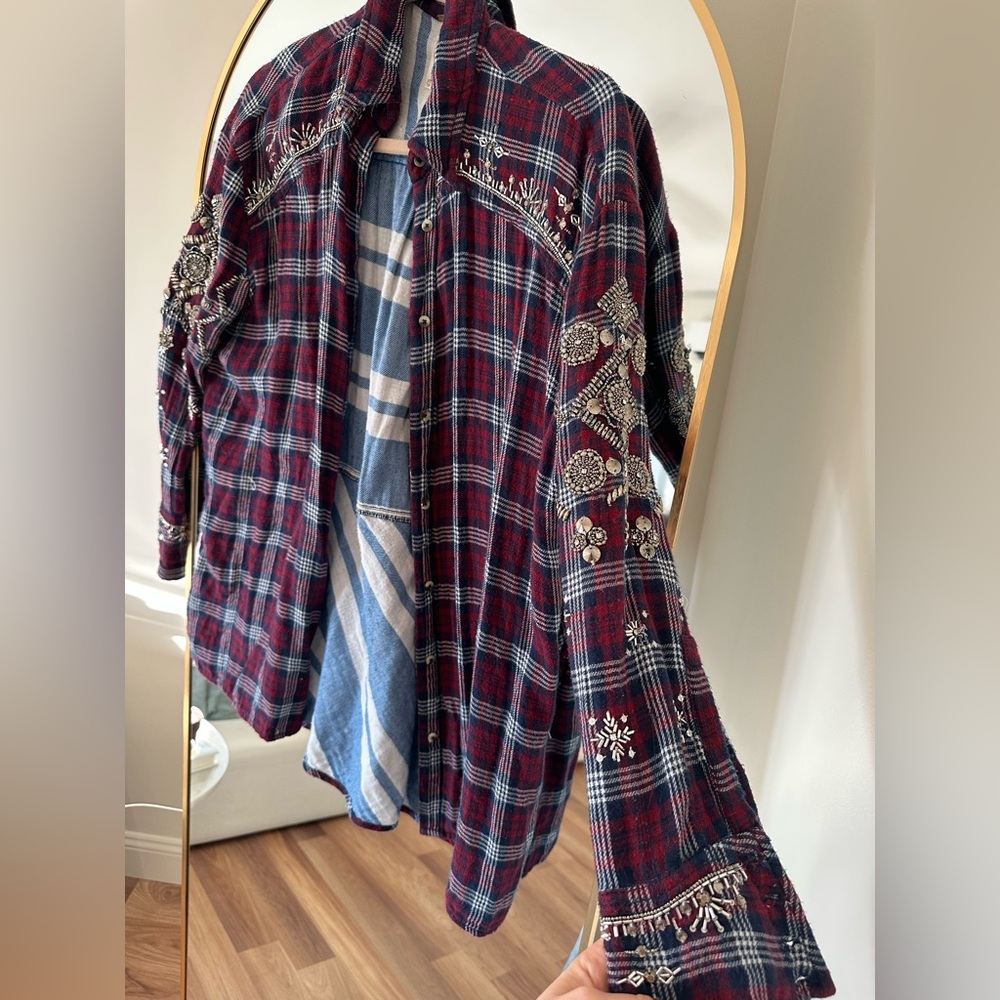 Free People Silver Sequin Plaid Button-Up Shirt - Picture 7 of 11